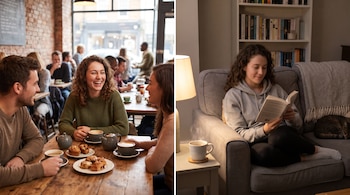 Imagen dividida: a la izquierda, una mujer ríe en un café con dos personas; a la derecha, la misma mujer lee un libro sentada en un sillón.