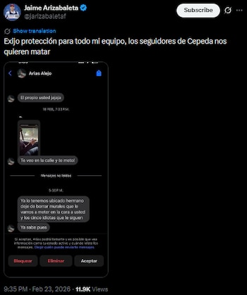 Jaime Arizabaleta denuncia amenazas y