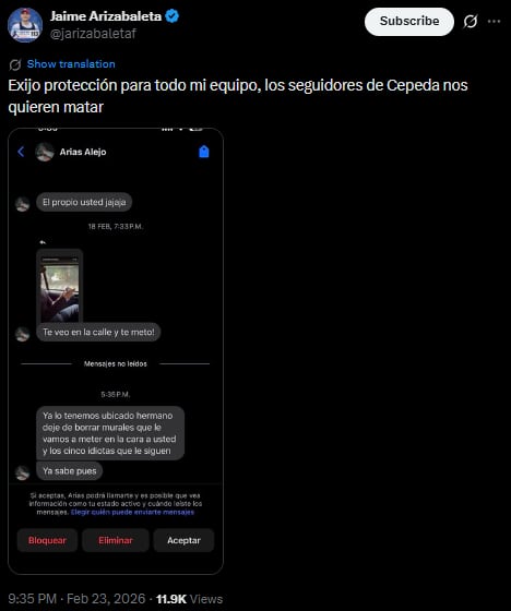 Jaime Arizabaleta denuncia amenazas y exige protección para su equipo en Cali - crédito @jarizabaletaf/X