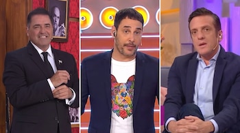 Composición de tres paneles con Mariano Iúdica de traje negro, Rodrigo Lussich con remera estampada y Mauro Szeta de saco azul.