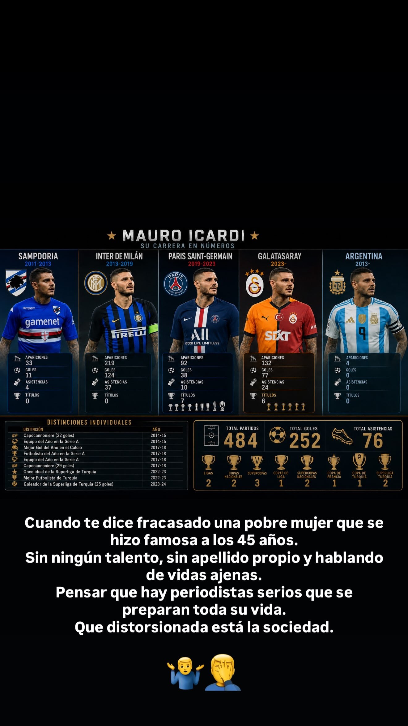 En medio de la pelea, Mauro Icardi exhibió su palmarés con estadísticas de su carrera en Sampdoria, Inter, PSG, Galatasaray y la Selección Argentina