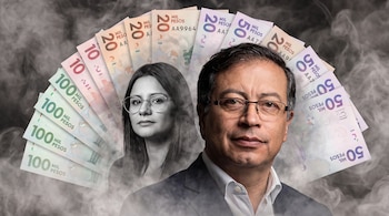 Un hombre y una mujer frente a un abanico de billetes de pesos colombianos de 10 mil, 20 mil, 50 mil y 100 mil sobre un fondo gris con humo.
