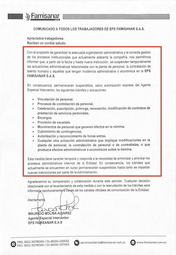 Esto dice el comunicado de la EPS Famisanar - crédito @AForeroM/X