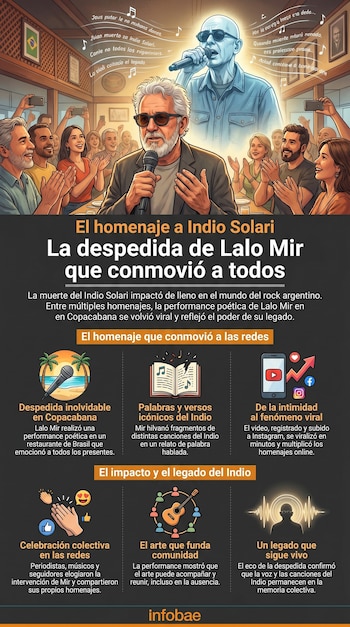 Ilustración de Lalo Mir cantando al micrófono ante una multitud de personas aplaudiendo y grabando, con una imagen fantasmal del Indio Solari detrás.