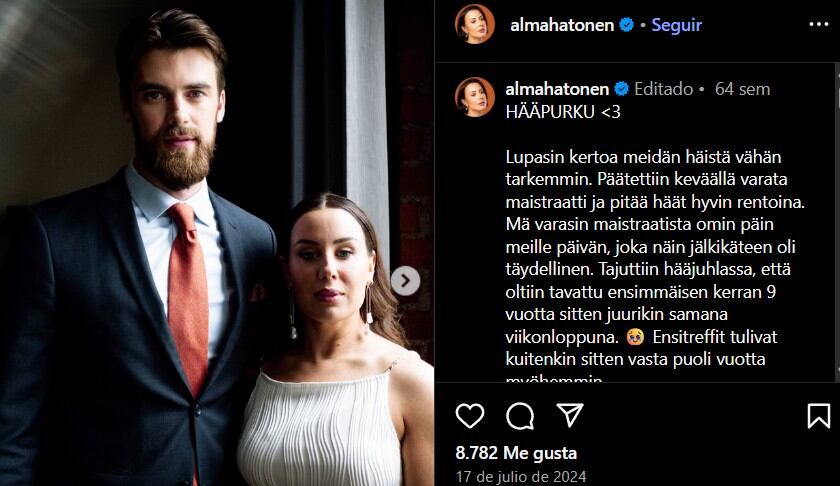 El actor formó una familia con la presentadora finlandesa Alma Hätönen (Captura: Instagram)