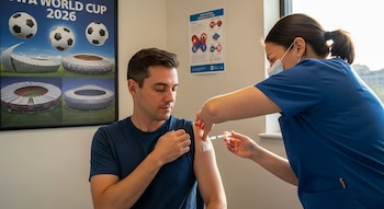 Un hombre en camiseta azul recibe una vacuna en el brazo izquierdo de una profesional de la salud con mascarilla. De fondo, un póster del Mundial 2026 con estadios.
