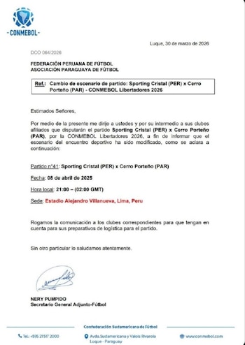 Comunicado de Conmebol con la confirmación del estadio Alejandro Villanueva para el Sporting Cristal vs Cerro Porteño. - captura: Twitter