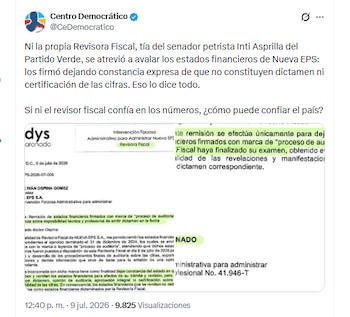 El Centro Democrático cuestionó la veracidad de los estados financieros de la Nueva EPS, debido a aclaraciones que hizo la revisora fiscal - crédito @CeDemocratico/X