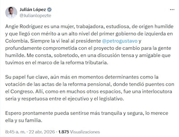 Presidente de la Cámara de Representantes, Julián López, sobre declaraciones de Angie Rodríguez - crédito @Julianlopezte/X