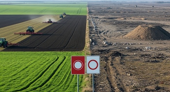 Paisaje rural dividido. Izquierda: campos cultivados, tractores. Derecha: terreno baldío, montículos de tierra. Dos señales de prohibición.