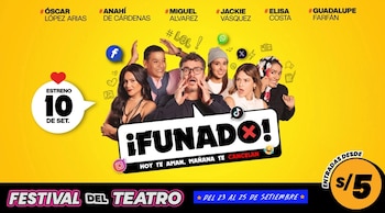 Afiche de fondo amarillo con seis actores, el título ¡Funado!, iconos de redes sociales y texto publicitario sobre un festival de teatro