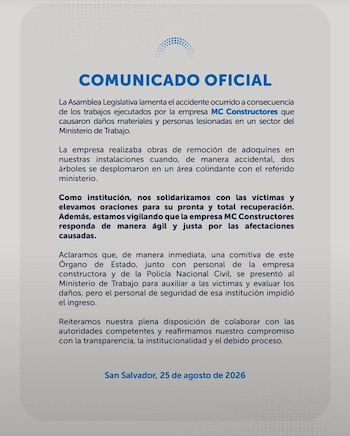 La Asamblea Legislativa lamentó el accidente ocurrido y aseguró que vigila que la empresa responda de manera ágil y justa por las afectaciones causadas. (Cortesía: Asamblea Legislativa)