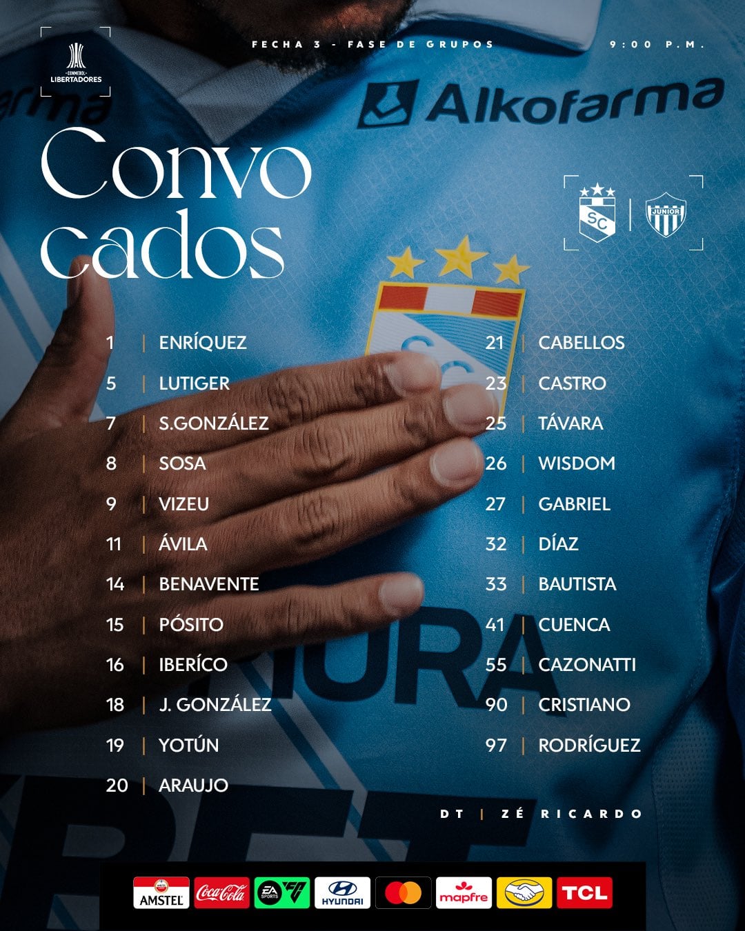 Esta es la lista de convocados de Sporting Cristal para recibir al Junior por la Copa Libertadores - crédito Sporting Cristal