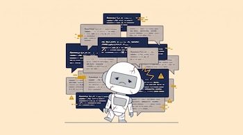 Ilustración de un robot blanco con grietas y rostro triste ante recuadros superpuestos con texto ilegible y símbolos de advertencia.