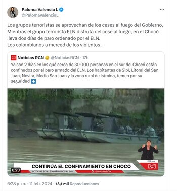 Paloma Valencia habla del paro