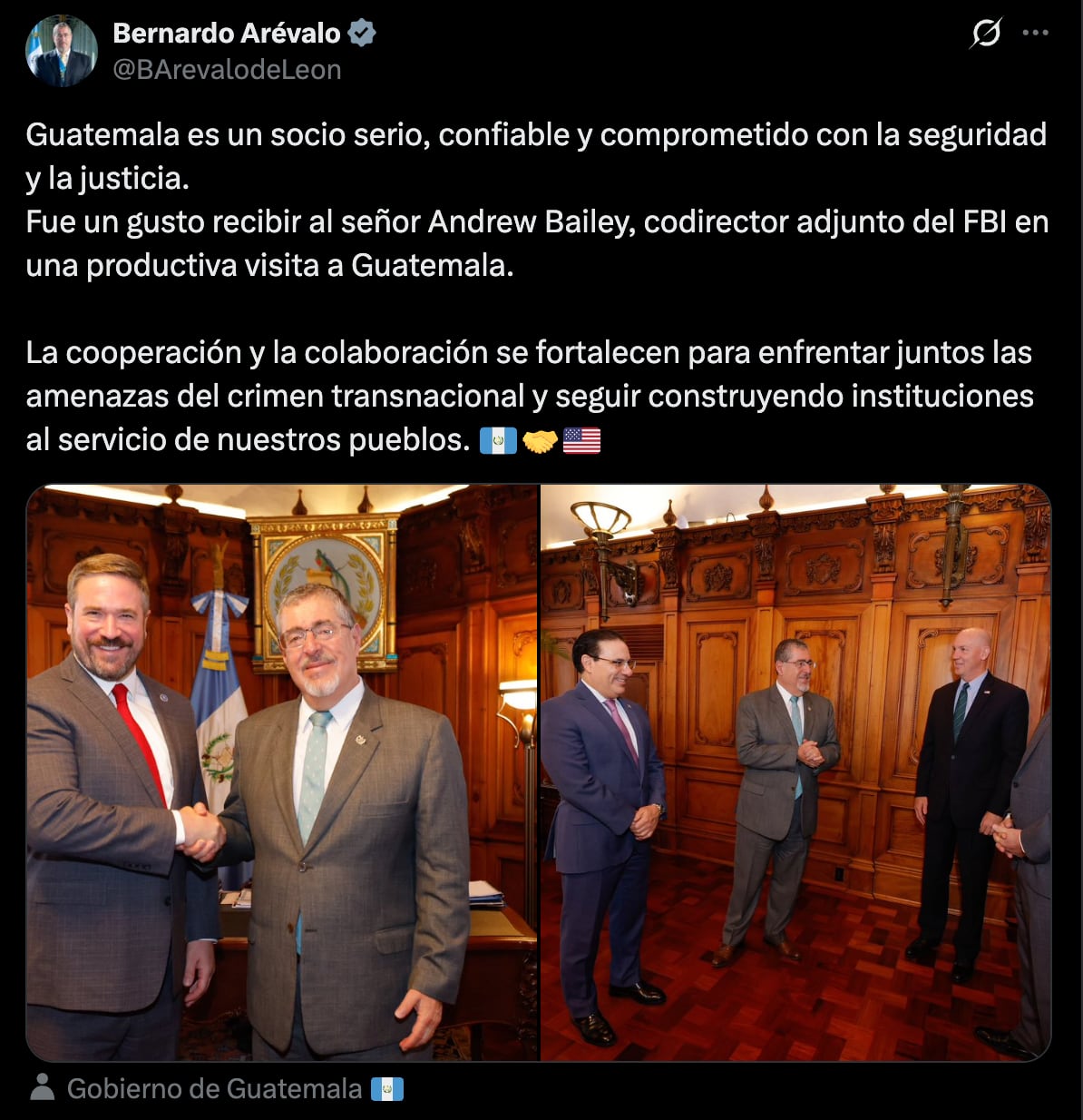 Guatemala y Estados Unidos acordaron profundizar la cooperación bilateral para fortalecer las instituciones de seguridad y justicia ante amenazas compartidas. (X Bernardo Arévalo)