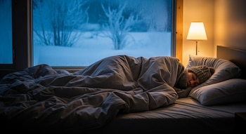 Persona durmiendo en cama con gorro y bufanda, cubierta por mantas, en una habitación con poca luz. Una ventana muestra árboles nevados y un paisaje invernal.