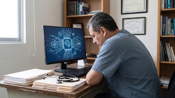 Un médico sentado frente a un monitor con símbolos de inteligencia artificial. Hay expedientes, un estetoscopio, un teclado, y estantes con libros y diplomas.
