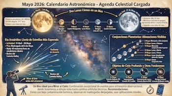 Infografía ilustra el calendario astronómico de mayo de 2026 con fases lunares, lluvia de meteoros, conjunciones planetarias y cúmulos estelares. Incluye un observador con binoculares.