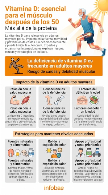 Infografía sobre vitamina D y músculo con título, hombre corriendo, sol. Iconos de caída, músculo, hueso roto, pierna, piel, alimentos, sol, médico. Fuente: Infobae.