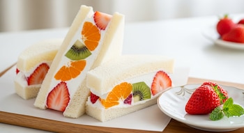 Cuatro mitades de sándwiches de fruta japoneses rellenos de crema batida, fresas, kiwi y mandarinas, junto a fresas frescas y menta en un plato.