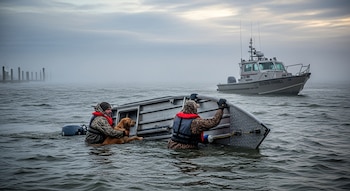 Dos hombres con chalecos salvavidas, uno sosteniendo un golden retriever, están en el agua junto a su bote de pesca volcado. Un barco de rescate se acerca por la niebla.