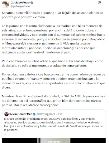 El expresidente de la República advirtió que no solo la petrolera estatal estaría quedando en malas manos, sino que la situación se repite en la Sociedad de Activos Especiales y la Agencia Nacional de Tierras - crédito @petrogustavo/X