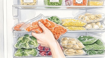 Ilustración en acuarela de una mano que sostiene una bolsa con zanahorias frente a estantes con bolsas de verduras y pastas congeladas.