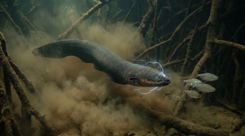 Una anguila eléctrica oscura con chispas eléctricas azules cerca de su cabeza persiguiendo a peces plateados en agua turbia con raíces sumergidas.
