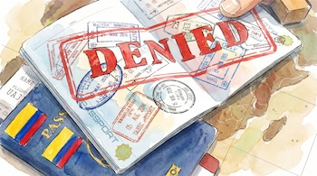 Ilustración en acuarela de un pasaporte azul colombiano abierto con sellos de inmigración y un gran sello rojo de 'DENIED' sobre un mapa difuso.