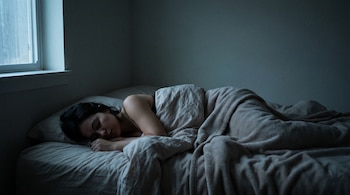 Vista aérea de una mujer durmiendo boca abajo en una cama con sábanas y manta grises, en una habitación oscura con una ventana a la izquierda.