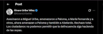 El dirigente político y líder del Centro Democrático aboga por unidad social frente a los ataques y exhorta a la población a proteger las instituciones democráticas - crédito @AlvaroUribeVel/X