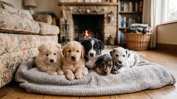 Cinco cachorros reposan juntos sobre una manta gris en el suelo de una sala con chimenea encendida al fondo.