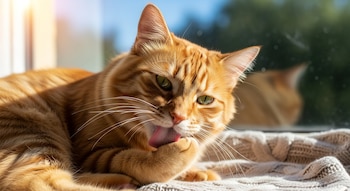 Primer plano de un gato atigrado naranja con ojos verdes, lamiéndose la pata delantera. Está acostado sobre una manta de punto, con luz solar cálida.