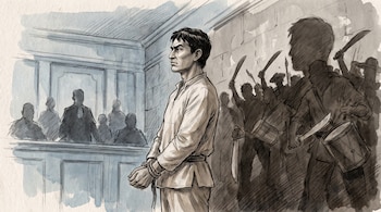Ilustración de Anastasio Aquino de perfil, con manos atadas, ante un tribunal colonial. La pared proyecta la sombra de una multitud campesina con machetes y tambores.