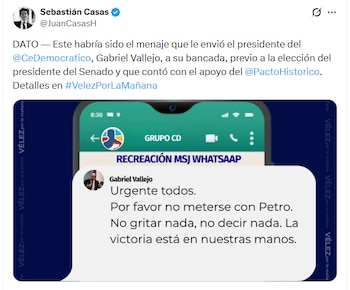 La orden fue emitida por Gabriel Vallejo en el grupo privado del Centro Democrático - crédito Captura de Pantalla X/Velez por la Mañana