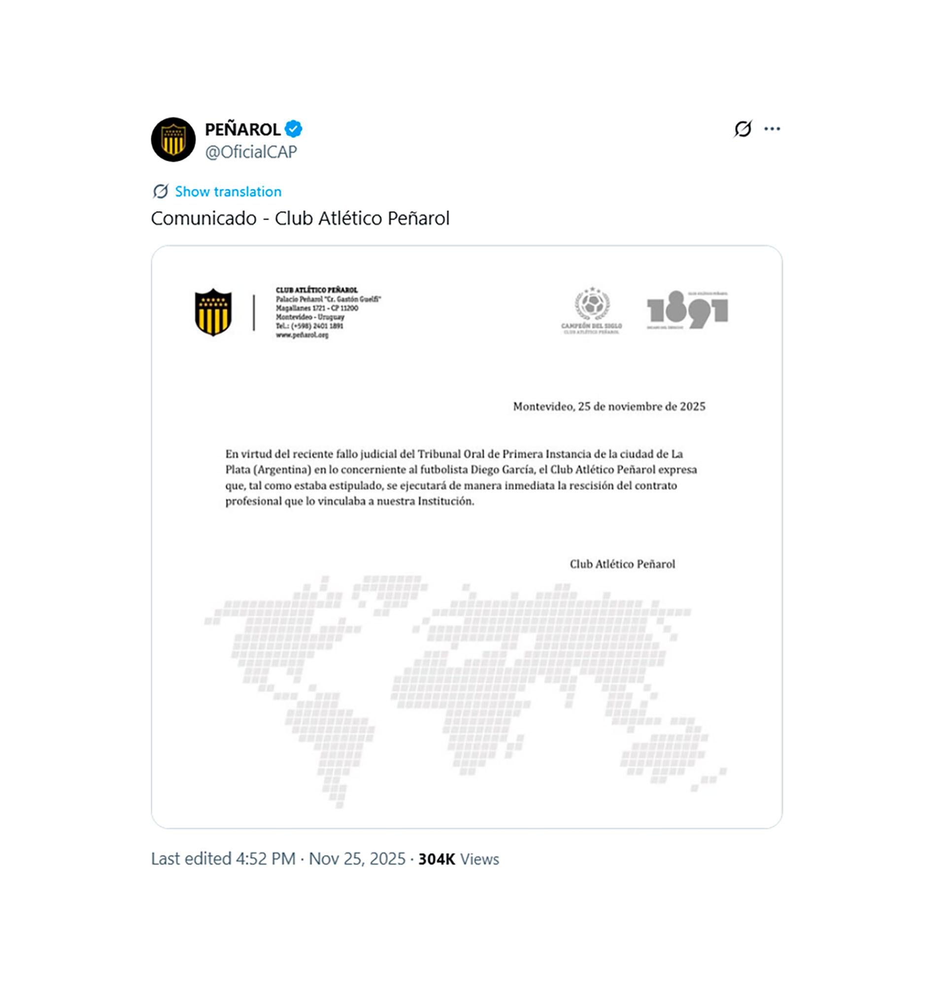 Peñarol informó que rescindió el vínculo de García