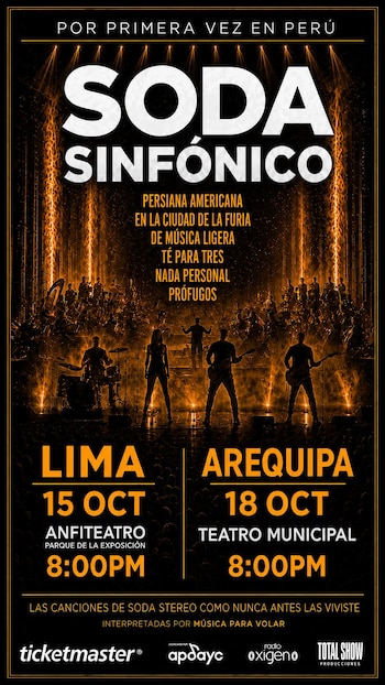 Póster de 'Soda Sinfónico' con siluetas de banda de rock y orquesta. Detalla fechas y lugares en Lima y Arequipa, logos de Ticketmaster y Total Show Producciones