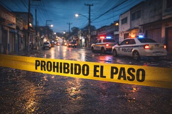 Primer plano de cinta amarilla "PROHIBIDO EL PASO" en una calle mojada de una ciudad guatemalteca al anochecer, con dos coches de policía con luces intermitentes en el fondo.