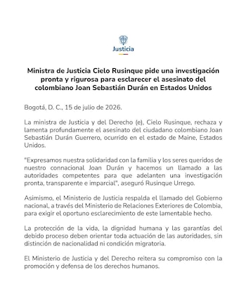 O Ministério da Justiça e o Ministério das Relações Exteriores da Colômbia exigiram garantias de vida, dignidade e devido processo legal sem distinção de nacionalidade ou imigração - crédito @MinjusticiaCo / X