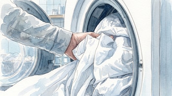 Ilustración en acuarela de una mano metiendo tela blanca dentro de una lavadora de carga frontal abierta.