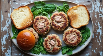 Vista cenital de hamburguesas de atún y papa en un plato de cerámica, con pan tostado y hojas verdes. El plato está sobre una mesa de madera rústica.