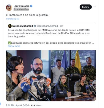 Laura Sarabia hizo un llamado a no bajar la guardia frente a la situación energética y de desabastecimiento de agua en Colombia - crédito @laurisarabia/X