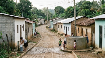 Escena callejera en El Salvador con viviendas modestas, una mujer llenando un balde en una canilla y niños jugando cerca de un tanque de agua. Calle empedrada y cables eléctricos son visibles.