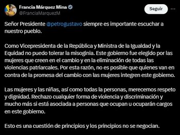 La ministra de igualdad rechazo el nombramiento de Mendoza como embajador en Tailandia - crédito @FranciaMarquezM/X