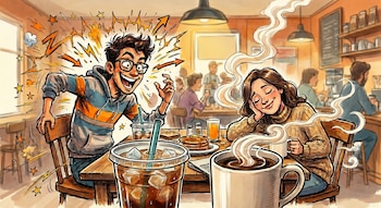 Dibujo de un hombre enérgico con gafas y un café helado, y una mujer relajada con una taza de café caliente en una cafetería con otros clientes