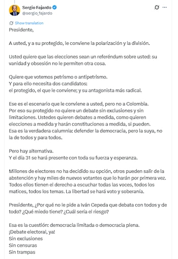 Fajardo sugirió que existiría una estrategia para favorecer escenarios de confrontación política entre candidatos - crédito @sergio_fajardo/X