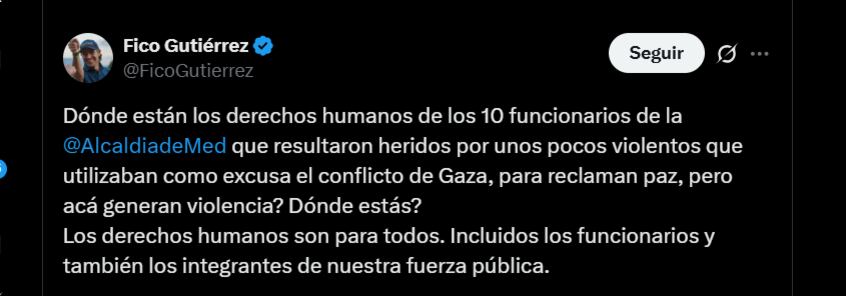 El alcalde Federico Gutiérrez aseguró que los funcionarios también merecen protección de sus derechos - crédito @FicoGutierrez/X
