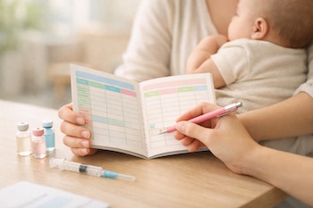 Primer plano de un carné de vacunación infantil abierto, tres viales de medicamentos, una jeringa y una lapicera junto a manos y un bebé.