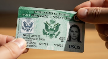 Primer plano de una mano sosteniendo una Tarjeta de Residente Permanente de los Estados Unidos (Green Card) de color verde, con el sello y la foto visibles.